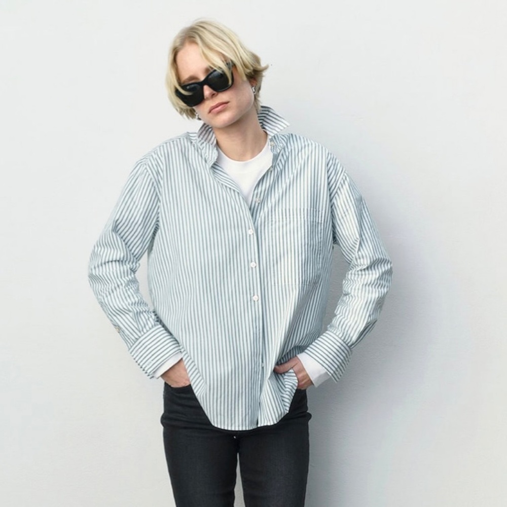 AYR The Deep End Striped Button Up Oxford Shirt Chives Green Loose Fit Academia